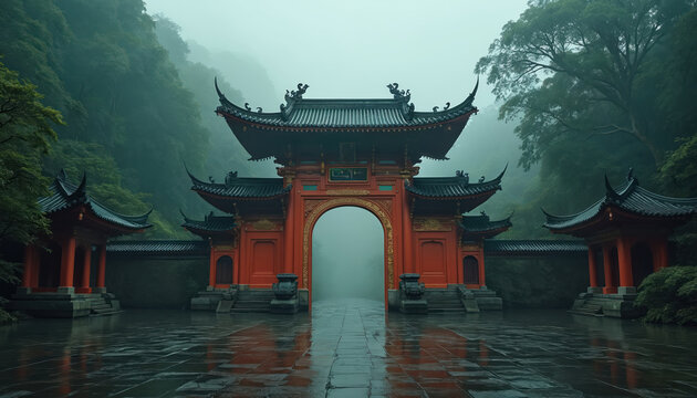 Majestic ornate red Asian temple gate stands in misty forest. Traditional Chinese architecture with curved roofs, detailed wood carvings. Stone path leads through entrance into fog creating mystical - Powered by Adobe