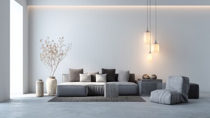 Contemporary living room with minimalist furniture and soft lighting, isolated on a white background
