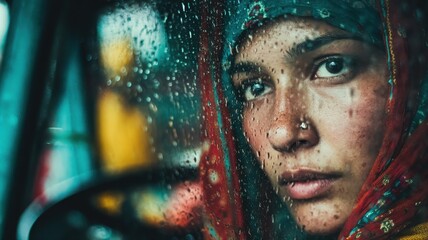 Woman with Colorful Scarf Gazes Through Raindrop-Laden Window