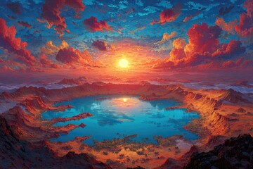 Vast, vibrant sunset over a caldera lake