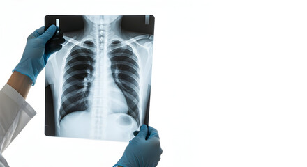 Lungs Xray in Blue Gloved Hands on White Background