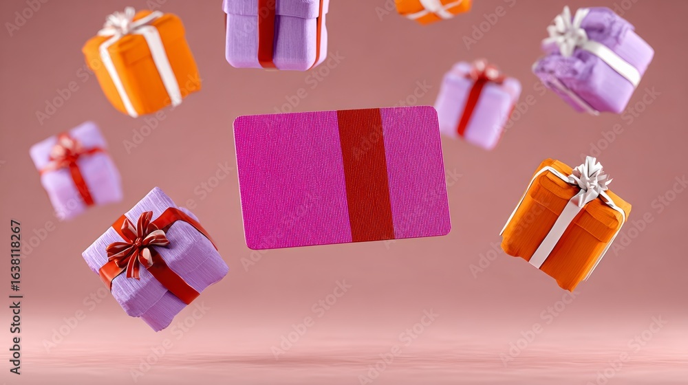 Aufkleber pink card with a red stripe is flying through a bunch of colorful boxes. the boxes are in the air an