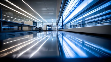 Fototapeta premium Modern laboratory interior with reflective floor and vibrant lighting.