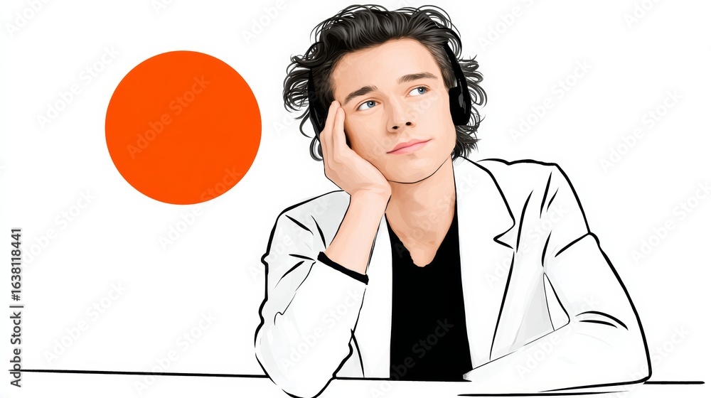 Poster man is sitting at a table with his head on his hand. the table is covered with a red circle