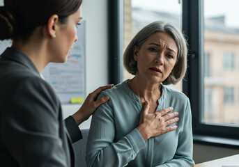 Obraz premium Woman Experiencing Mild Chest Pain at Workplace