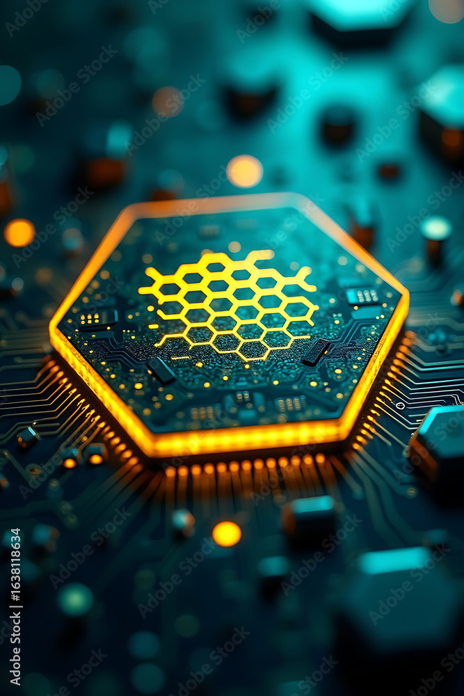 Poster a close-up view of a glowing, hexagonal circuit board with intricate details.