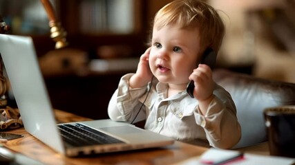 A young child is engrossed in using a laptop while on the phone. The scene is intimate, with the childs focused expression and the laptops screen illuminated. The childs attire is simple.