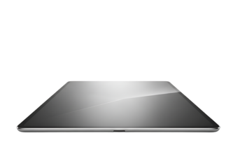 A modern tablet computer lies flat on a white surface isolated on transparent background