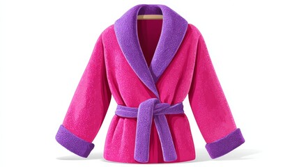 Pink and purple robe with a purple trim. The robe is made of fuzzy material and has a purple and pink color scheme