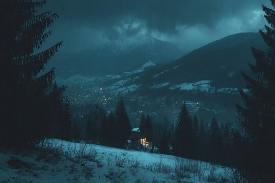 Snowy mountain valley at night, with a small, lit house nestled in the valley below.  Dark pines frame the scene - Powered by Adobe