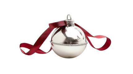 A shiny silver Christmas ornament with a red ribbon, elegantly displayed against a white background, perfect for holiday decoration or festive photography