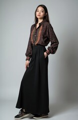 Young elegant woman poses in patterned shirt and long black skirt. Casual sneakers complement stylish outfit. Studio shot with soft gray background. Chic feminine fashion, modern apparel.