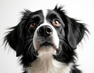 Fototapeta premium Close-up portrait of black, white dog with bright eyes looking upward. Dog exhibits curious, attentive expression, with detailed focus on nose, fur. Studio shot against clean background highlights