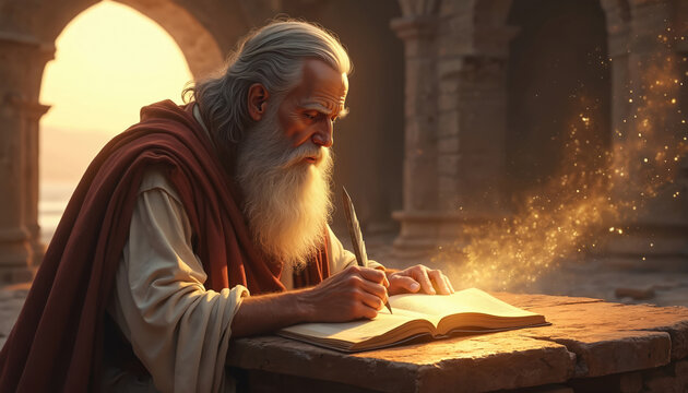 Old bearded man, Apostle John, writing Book of Revelation on Patmos. Illuminated by divine inspiration, quill in hand, penning sacred text in open book. Fiery golden particles swirl around writing
