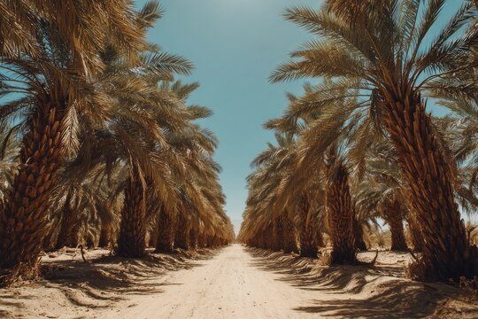 Palm tree avenue in sunlit desert