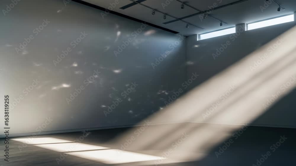 Poster empty room with natural light streaming through windows creating a light beam and casting shadows on