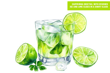 Caipirinha cocktail with crushed ice and lime slices in a short glass. Watercolor illustration isolated on transparent background. Traditional Brazilian drink with cachaca
