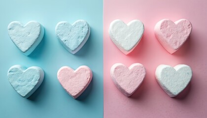 Fototapeta premium Six heart-shaped marshmallows in pastel blue, pink, white colors arranged on matching backgrounds. Sweet confectionery treats offer soft, fluffy, airy texture perfect for Valentine Day, celebrations,