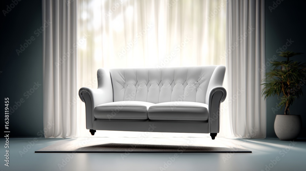 Poster white couch is sitting in a room with a window. the sunlight is shining through the window, creating