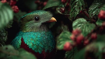 Stunning resplendent quetzal bird portrait in vibrant rainforest foliage, a symbol of freedom and beauty