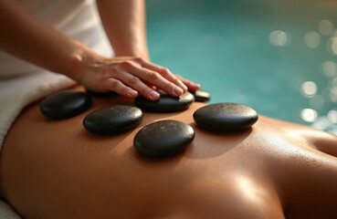 Stone therapy massage relieves tension on client back at spa. Smooth, heated basalt stones placed for relaxation, wellness. Therapist hands guide soothing treatment promoting rejuvenation, well-being.