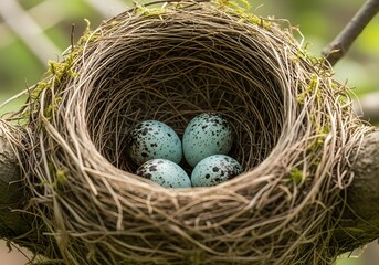 Four speckled blue bird eggs rest in a woven nest, a symbol of new life.