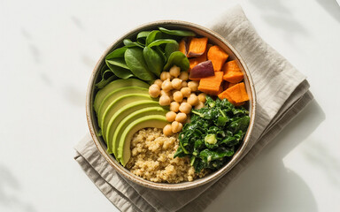 healthy Buddha bowl on a light gray linen napkin against a white marble surface