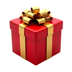 Red gift box with golden ribbon and bow on white background  