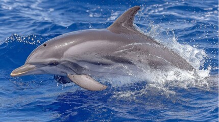 A dolphin soars out of the blue ocean water, glistening droplets flying around as it leaps. The bright sun illuminates the scene, showcasing the beauty of marine life in action.