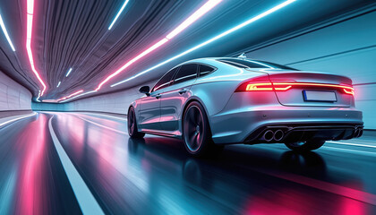Sleek silver car speeds through neon-lit tunnel. Motion blur accentuates dynamic movement on road. Futuristic automotive design, technology, luxury combine for stylish, powerful driving experience.