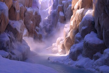 Snowy canyon with icy stream. Sunlight streams through a gorge carved by a frozen river