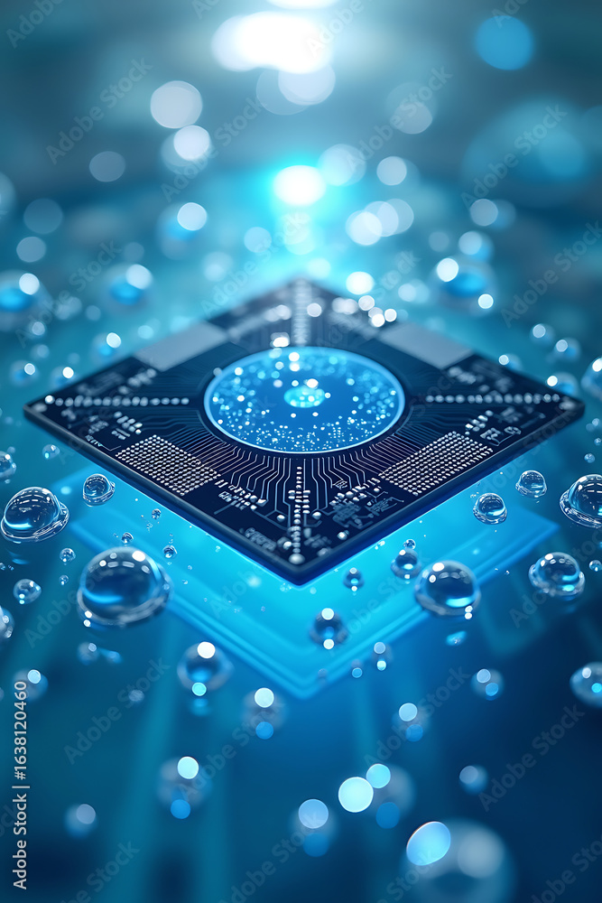 Poster a close-up view of a computer chip submerged in water, with light effects.