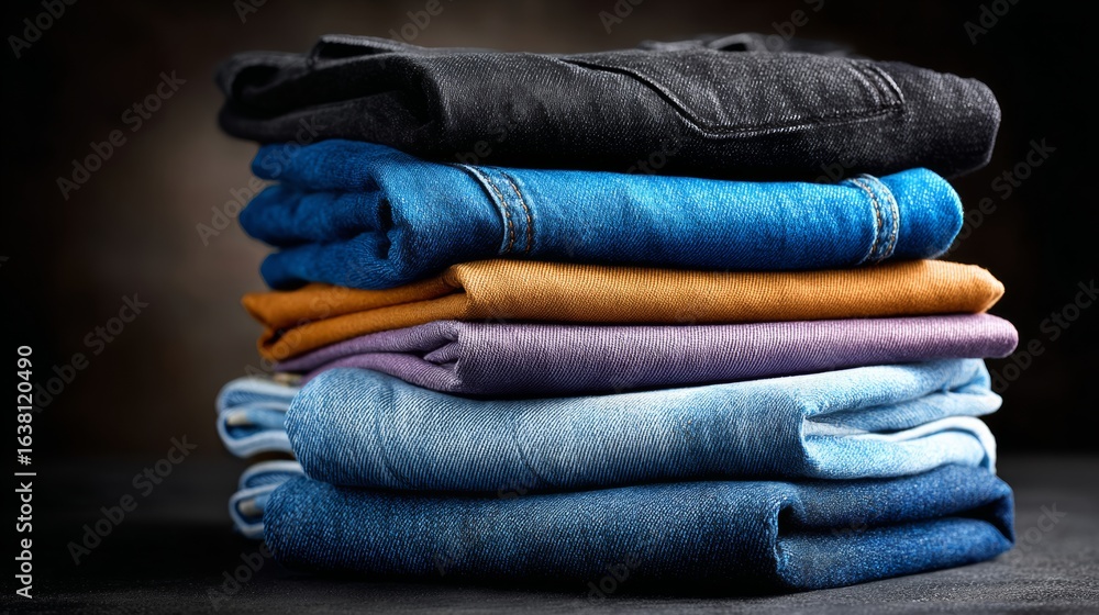 Poster stack of jeans with different colors and sizes. the jeans are piled on top of each other, creating a