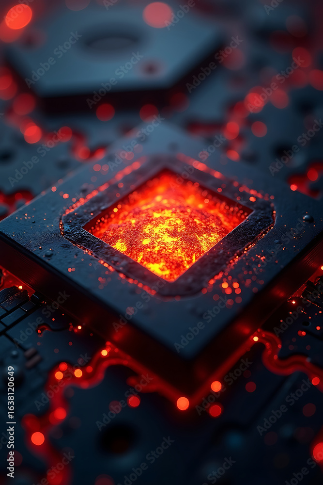 Poster close-up view of a glowing, fiery processor chip on a circuit board, showcasing digital technology.