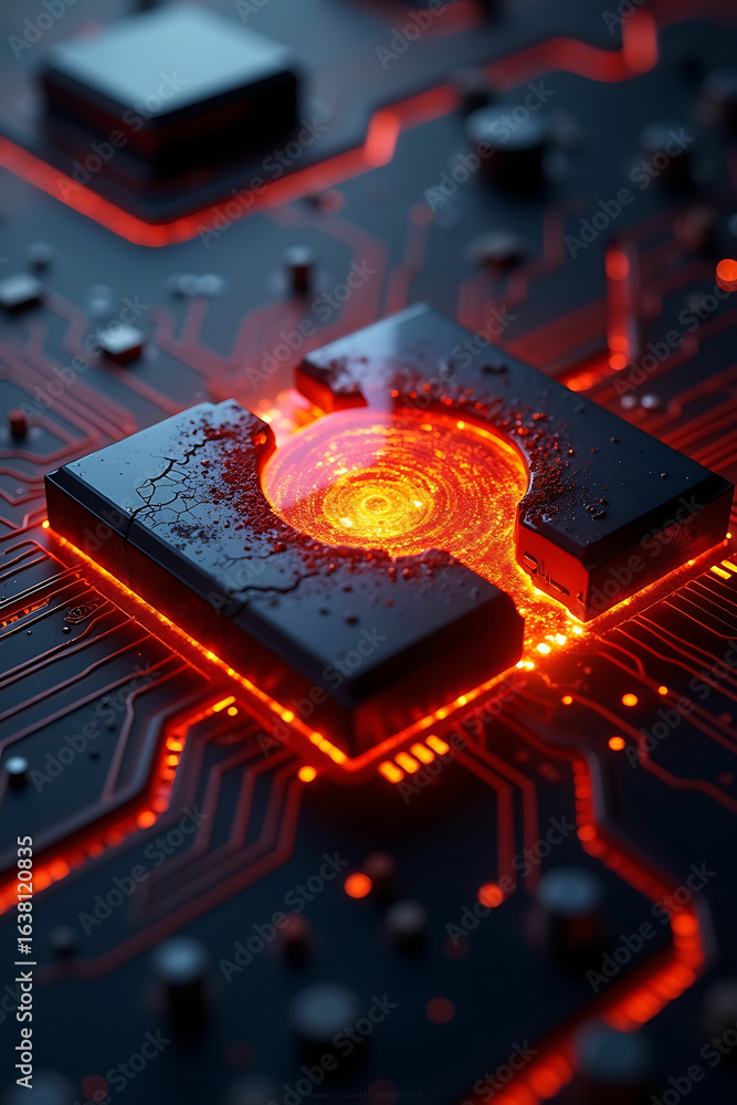 Poster close-up of a glowing circuit board with a central, molten core.
