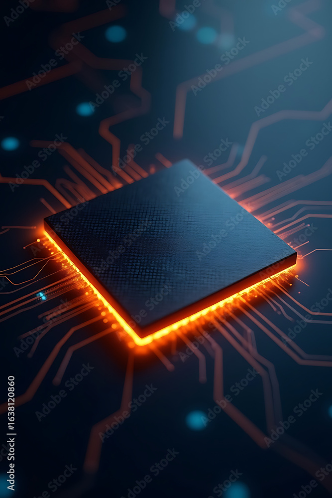 Poster close-up of a glowing central processing unit (cpu) with intricate circuit board details.