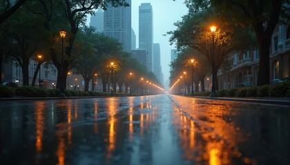 Naklejka premium Urban street scene with wet asphalt reflecting glowing streetlights during rain shower. Tall buildings, trees line wet road, creating dramatic, atmospheric mood. Wet pavement shows clear reflections