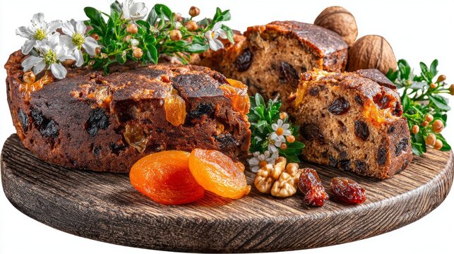 Delicious traditional Irish Barmbrack is beautifully arranged on a wooden platter with dried fruits, nuts, and fresh flowers, celebrating the warmth of autumn gatherings and traditions.