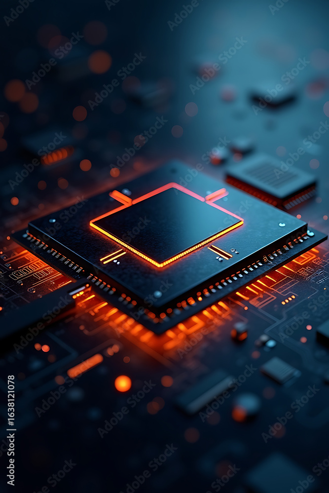 Poster close-up view of a computer processor with glowing orange accents, showcasing intricate circuitry.