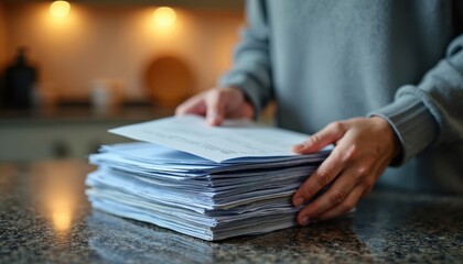 Hands sort stack of letters on kitchen counter. Person organizing mail at home. Domestic paperwork. Information sorting, home finances, household bills. Postal delivery, correspondence.