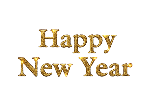 Happy new year greeting with gold glitter isolated on transparent background
