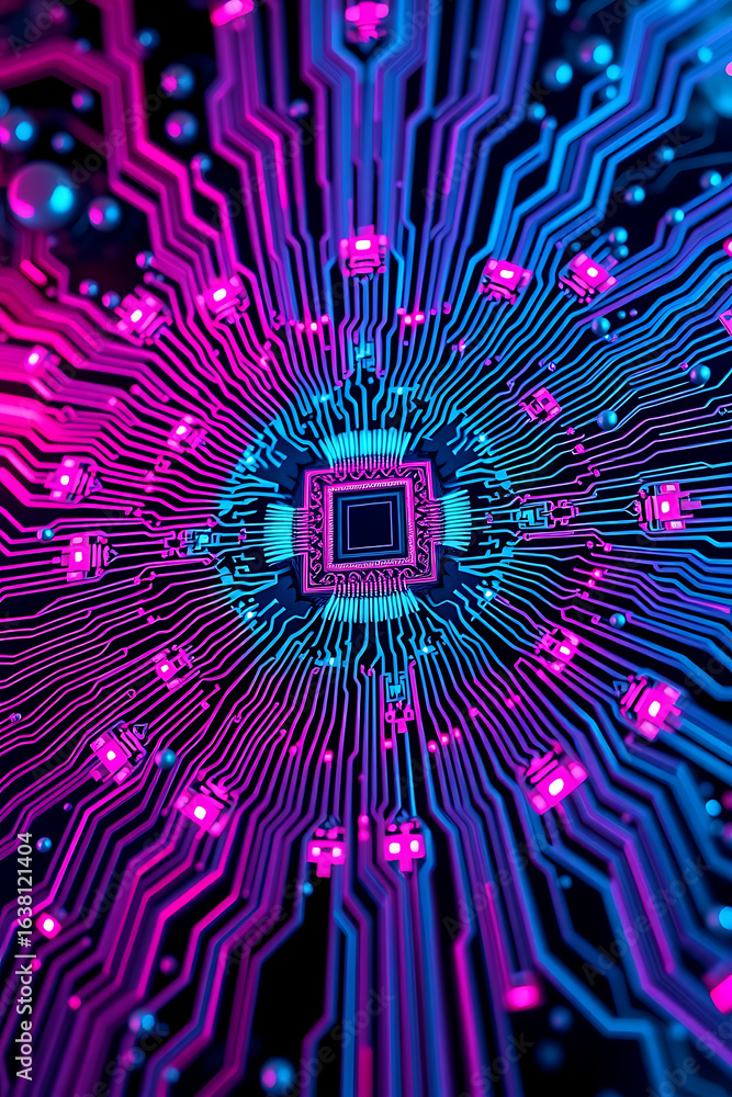 Aufkleber abstract close-up of a computer chip with glowing pink and blue circuit patterns radiating from the 
