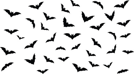 Flying bats silhouette pattern, scattered bat vector, spooky wildlife clipart, black bat swarm, Halloween graphic design, chaotic bat motion