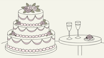 Elegant three tier wedding cake with flowers and champagne glasses for wedding celebration design