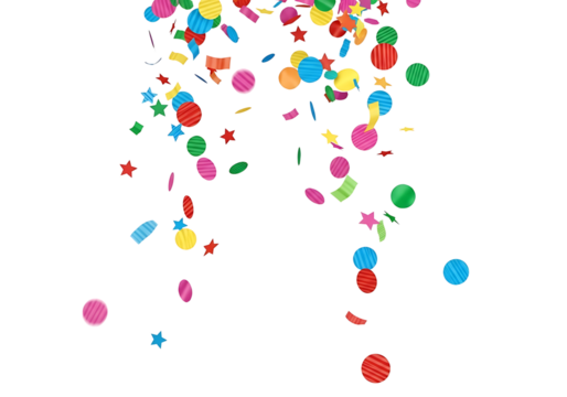 Colorful confetti and streamers falling for a celebration isolated on transparent background
