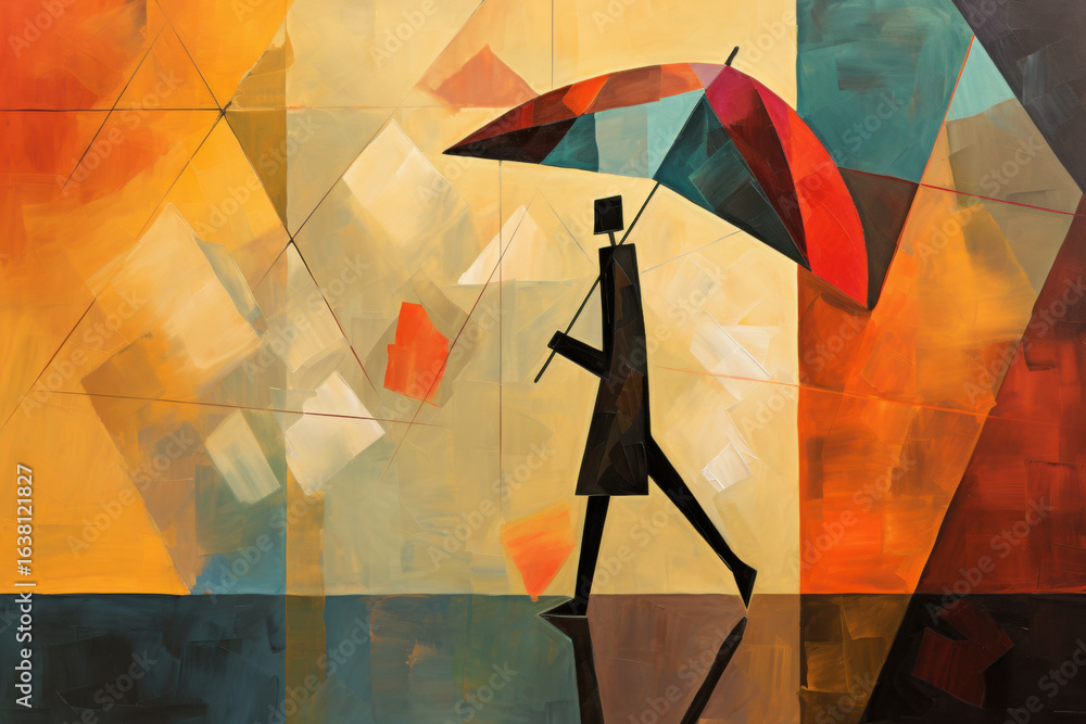 Poster portrait of a person walking in rain with an umbrella, stylized in cubist geometry with expressive l