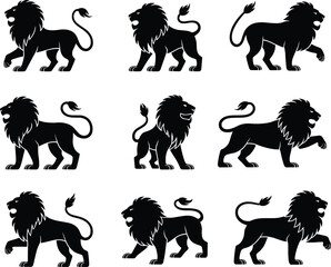 Lion silhouette set, heraldic lion poses, black lion vector, animal stance clipart, majestic beast graphic, feline motion design