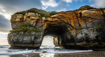 Majestic coastal rock arch on a scenic beach with dramatic sky
