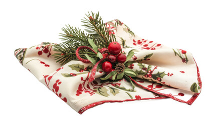 A beautifully arranged holiday napkin adorned with red berries and evergreen sprigs, set against a clean background, perfect for festive table settings and seasonal celebrations