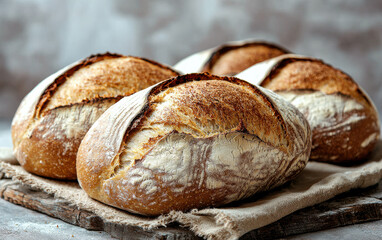 Four freshly baked sourdough bread loaves with golden crusts on rustic wooden board
